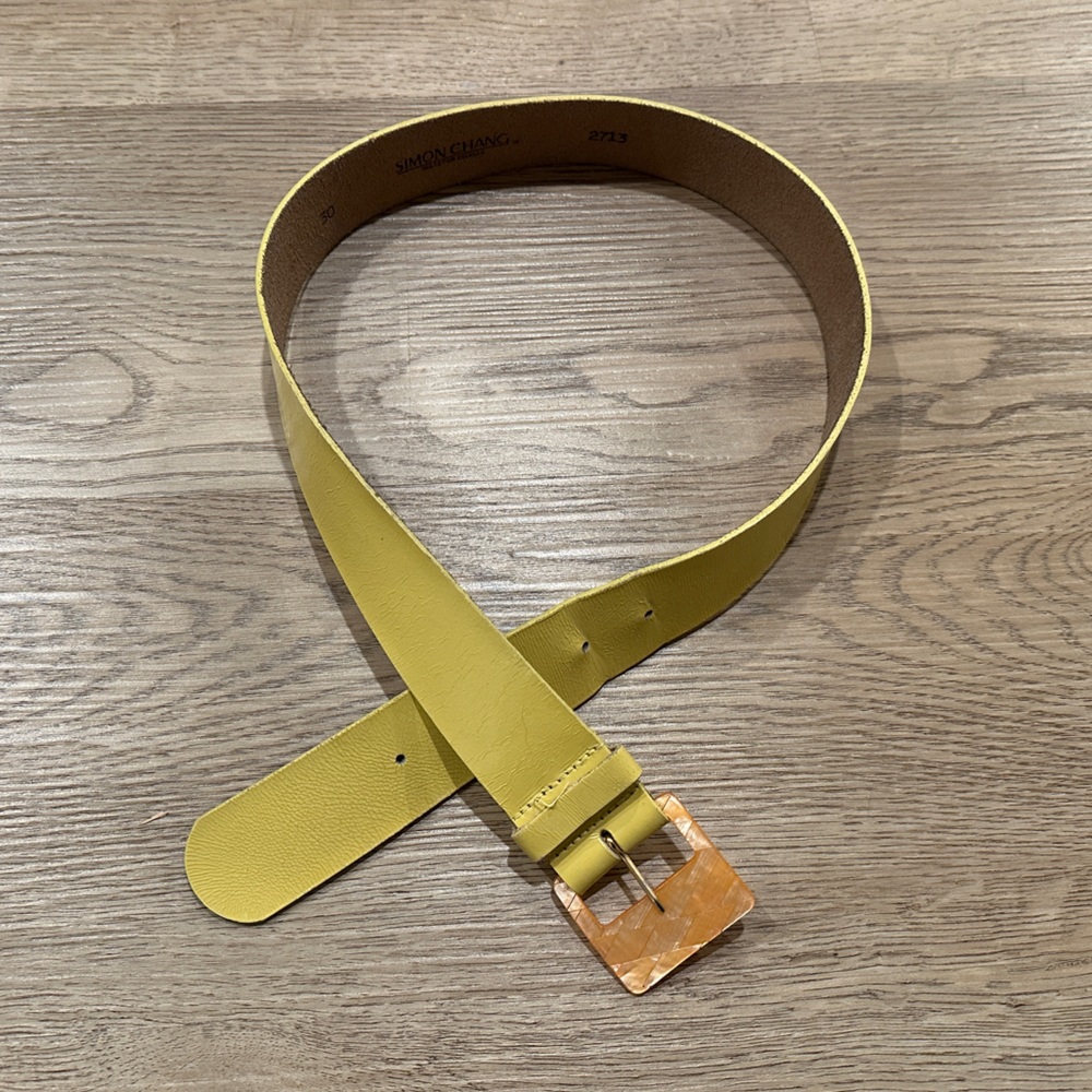 Vintage Simon Chang Yellow Leather Belt with Shell Buckle